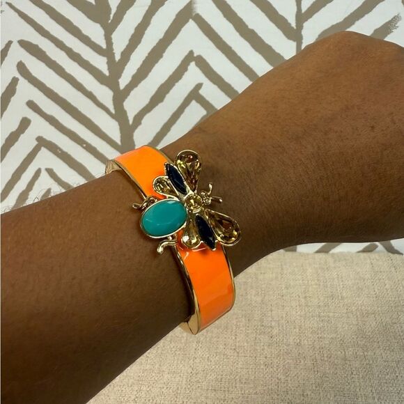 RARE Kate Spade Unwanted Visitor Bee Orange Gold Hinged Enamel Crystal Bracelet - Picture 7 of 7